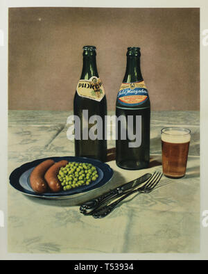 Soviet bottled beer Zhigulevskoye and Rizhskoye served for sausages with green pea depicted in the colour illustration in the Book of Tasty and Healthy Food published in the Soviet Union (1953). Stock Photo