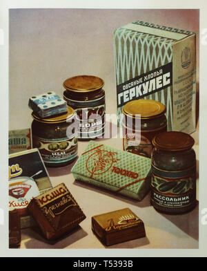 Soviet instant oatmeal Hercules, tolokno flour, instant buckwheat porridge and canned soups (borscht, rassolnik and cold borscht) depicted in the colour illustration in the Book of Tasty and Healthy Food published in the Soviet Union (1953). Stock Photo