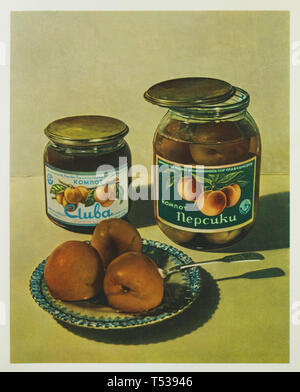 Soviet canned cherry plum kompot and canned peach kompot depicted in the colour illustration in the Book of Tasty and Healthy Food published in the Soviet Union (1953). Stock Photo