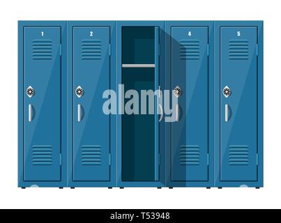 Blue metal cabinets. Lockers in school or gym with silver handles and locks. Safe box with doors, cupboard, compartment. Vector illustration in flat s Stock Vector