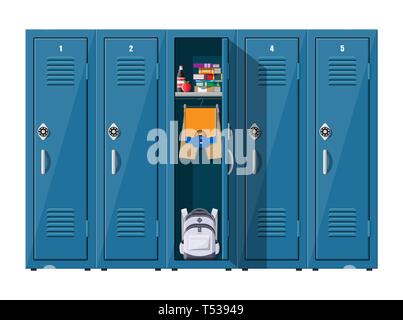 Blue metal cabinets. Lockers in school with silver handles and locks. Safe box with doors, cupboard, compartment. Books, food, clothes and backpack in Stock Vector