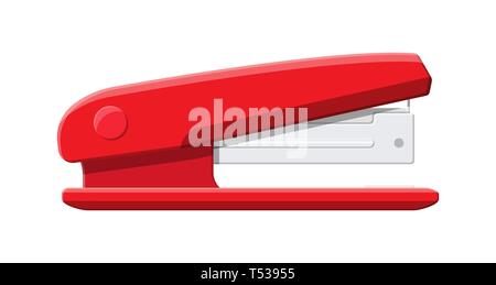 Red plastic stapler. Device for fastening sheets. Office and school equipment, stationery. Vector illustration in flat style Stock Vector