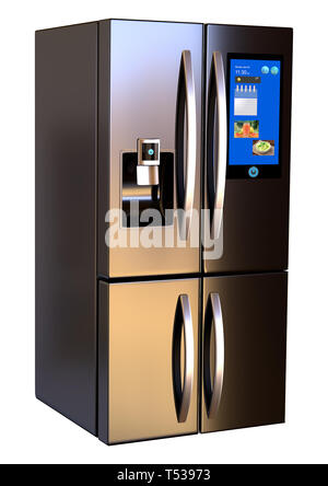 Modern side by side Stainless Steel Smart Refrigerator touch screen. Isolated on a White Background. 3d rendering Stock Photo