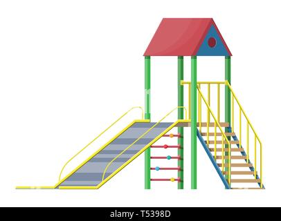 Childrens slide with ladder and roof isolated on white. Outdoor device for play activity, entertainment, amusement, fun. Public playground or kinderga Stock Vector