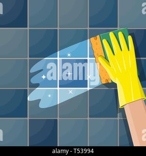 Hand in gloves with sponge wash wall in bathroom or kitchen. Cleaning service. Washing sponge. Kitchenware scouring pads. Kitchen and bath cleaning to Stock Vector