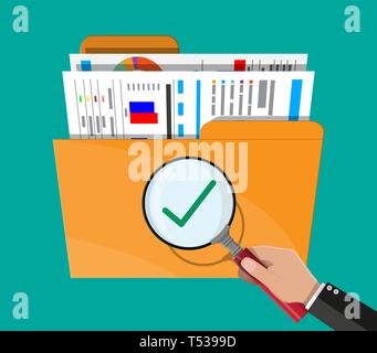 Folder with financial report with charts, hand with magnifying glass. Ring binder full of business papers. Auditing, tax process, accounting voncept.  Stock Vector