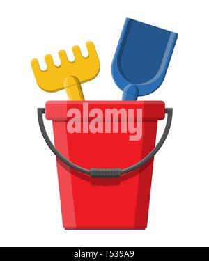 Plastic bucket with rake and shovel isolated on white. Bucket, rake and scoop toys for children sandbox and playground. Vector illustration in flat st Stock Vector