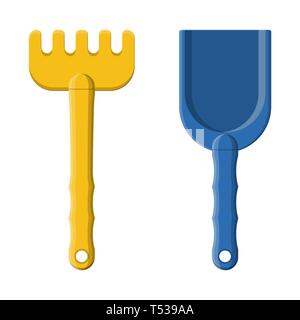 Plastic rake and shovel isolated on white. Rake and scoop toys for choldren sandbox and playground. Vector illustration in flat style Stock Vector