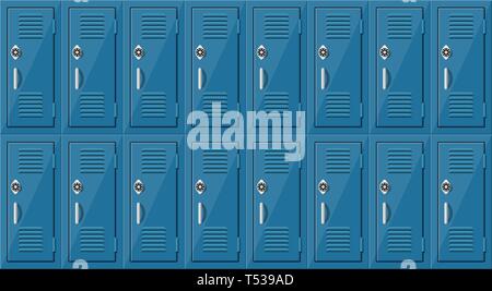 Blue metal cabinets. Lockers in school or gym with silver handles and locks. Safe box with doors, cupboard, compartment. Vector illustration in flat s Stock Vector