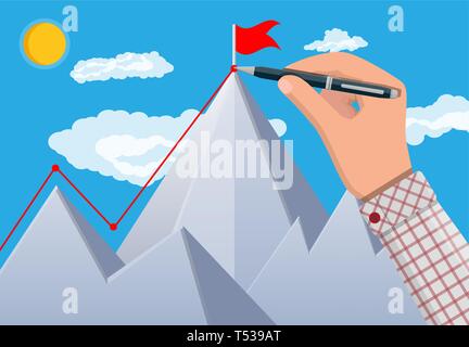 Businessman hand with pen draws line up. Flag on peak of mountain. Business success, target, triumph, goal achievement. Winning of competition. Rocky  Stock Vector
