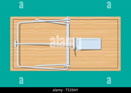 Wooden mouse trap, classical spring loaded bar trap. Top view. Vector illustration in flat style Stock Vector