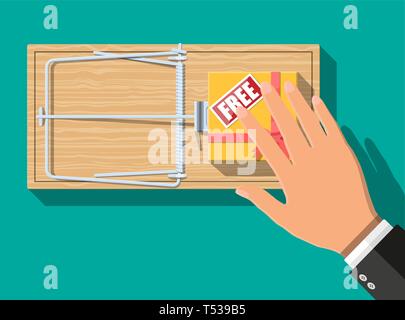 Wooden mouse trap with gift box with free sign, classical spring loaded bar trap. Top view. Fraud, freebie, crime and lie. Vector illustration in flat Stock Vector