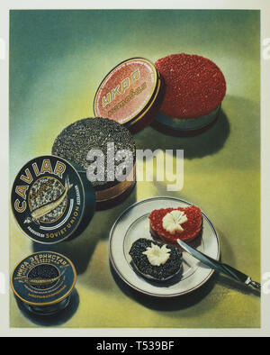 Soviet keta salmon red caviar and sturgeon black caviar depicted in the colour illustration in the Book of Tasty and Healthy Food published in the Soviet Union (1953). Stock Photo