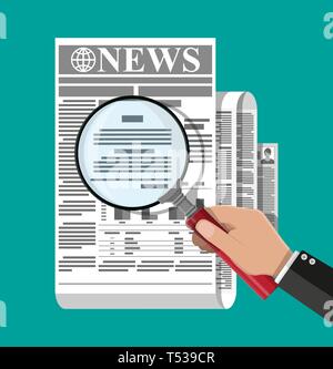 Businessman hand holding magnifying glass over newspaper with titles and photo. News journal design. Pages with various headlines, images, quotes, tex Stock Vector