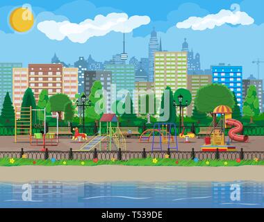 Kids playground kindergarten panorama. Urban child amusement. Slide ladder, rocking toy on spring, slide tube, swing carousel balancer, sandbox. City  Stock Vector