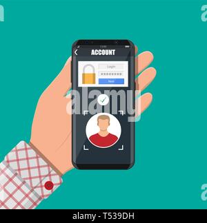 Human Using Mobile App Sign In Smartphone unlocked by face recognition. Mobile phone security ...