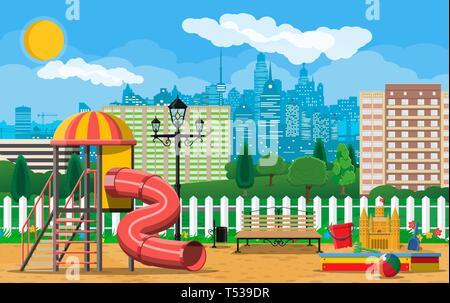 Kids playground kindergarten panorama. Urban child amusement. Slide ladder, sandbox with toys. Bench and lamp. City park with attractions. Cityscape,  Stock Vector