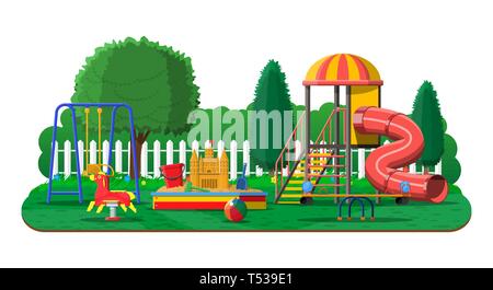 Kids playground kindergarten panorama. Urban child amusement. Slide ladder, rocking toy on spring, slide tube, swing carousel balancer, sandbox bucket Stock Vector