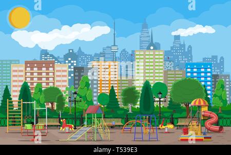 Kids playground kindergarten panorama. Urban child amusement. Slide ladder, rocking toy on spring, slide tube, swing carousel balancer, sandbox. City  Stock Vector