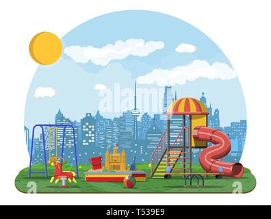 Kids playground kindergarten panorama. Urban child amusement. Slide ladder, rocking toy on spring, slide tube, swing carousel balancer, sandbox. Citys Stock Vector