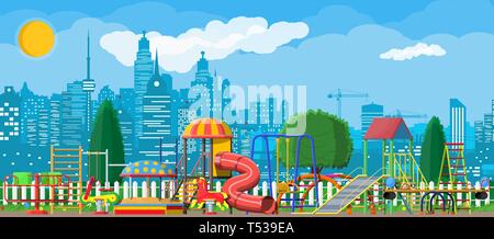 Kids playground kindergarten panorama. Urban child amusement. Slide ladder, rocking toy on spring, slide tube, swing carousel balancer, sandbox. City  Stock Vector