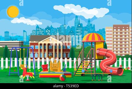 Kids playground kindergarten panorama. Urban child amusement. Slide ladder, rocking toy on spring, slide tube, swing carousel balancer, sandbox. Citys Stock Vector