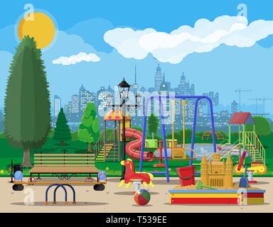 Kids playground kindergarten panorama. Urban child amusement. Slide ladder, rocking toy on spring, slide tube, swing carousel balancer, sandbox. City  Stock Vector