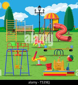 Kids playground kindergarten panorama. Urban child amusement. Slide ladder, rocking toy on spring, slide tube, swing carousel balancer, sandbox bucket Stock Vector