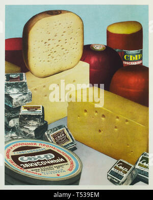 Various Soviet cheese products depicted in the colour illustration in the Book of Tasty and Healthy Food published in the Soviet Union (1953). Stock Photo