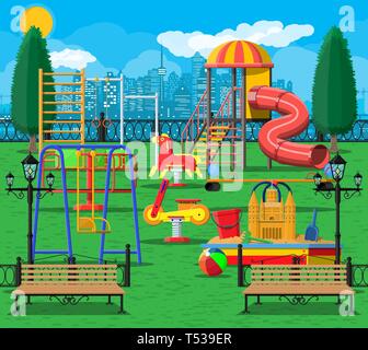 Kids playground kindergarten panorama. Urban child amusement. Slide ladder, sandbox with toys. Bench and lamp. City park with attractions. Cityscape,  Stock Vector