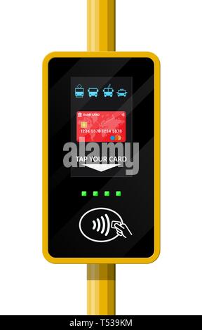 Terminal for passenger transport card. Airport, metro, bus, subway ticket terminal validator. Wireless, contactless or cashless payments, rfid nfc. Ve Stock Vector