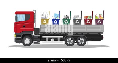 Truck transportation garbage. Car waste disposal. Can container for various garbage. Waste segregation sorting. Recycling and utilization equipment. W Stock Vector