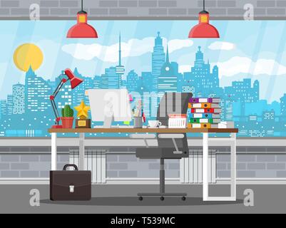 Office building interior. Desk with computer, chair, lamp, books and document papers. Brick wall, window and cityscape. Modern business workplace. Vec Stock Vector