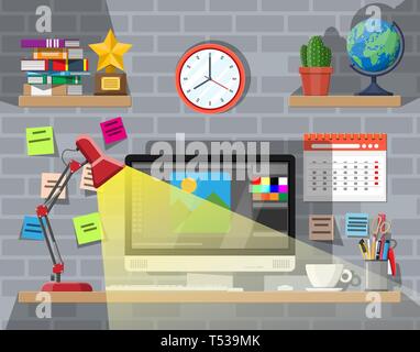 Modern creative office or home workspace. Workplace with computer, lamp, clock, books, coffee, calendar, stationery. Desk with business elements. Vect Stock Vector