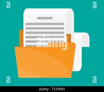 Yellow folder with document paper roll. Ring binder full of business papers. Auditing, tax process, accounting voncept. Vector illustration in flat st Stock Vector