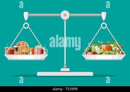 Premium Vector  Junk food and vegetables balance on the scale.