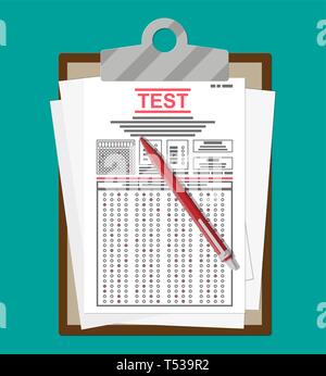 Clipboard with survey or exam forms and pen. Answered quiz papers, pile of sheets with education test. Checklist or questionnaire document. Vector ill Stock Vector