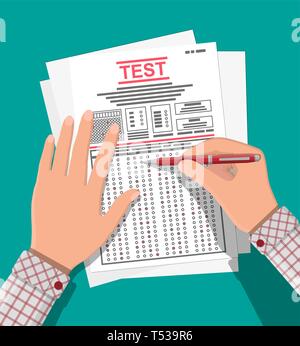 Hands with pen fill survey or exam forms. Answered quiz papers, pile of sheets with education test. Checklist or questionnaire document. Vector illust Stock Vector