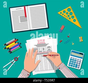 Hands with pen fill survey or exam forms. Answered quiz papers, pile of sheets with education test. Checklist or questionnaire document. Vector illust Stock Vector