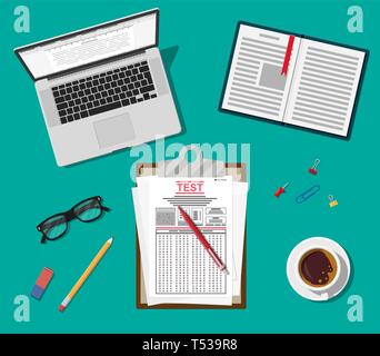 Clipboard with survey or exam forms and pen. Answered quiz papers, pile of sheets with education test. Checklist or questionnaire document. Laptop, bo Stock Vector
