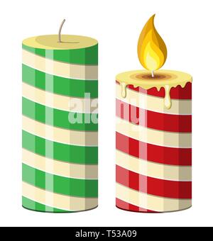 Round cylindrical candle with burning flames. Vector realistic ...