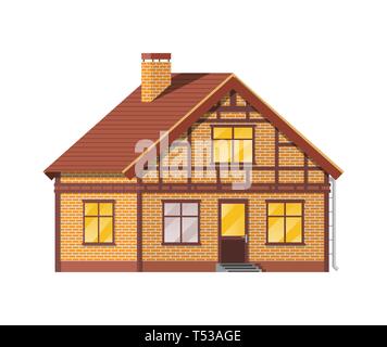Suburban family house. Countryside brick house icon. Isometric building. Real estate and rent. Vector illustration in flat style Stock Vector