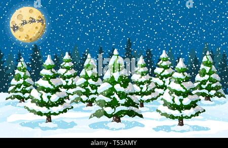 Winter christmas background. Pine tree wood and snow. Winter landscape with fir trees forest and snowing. Happy new year celebration. New year xmas ho Stock Vector