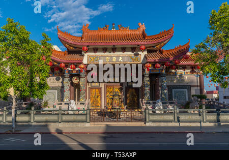 Exterior of Thien Hau Temple, dedicated to the Chinese sea goddess Mazu, in Chinatown, Los Angeles, California. Stock Photo