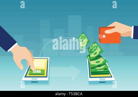 Electronic wallet concept. Vector of business people sending and receiving money using mobile phone apps. Stock Vector