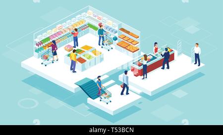 Isometric vector of people shopping together at the grocery supermarket and buying food products Stock Vector