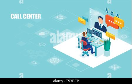 Call center and technical support concept. Vector of a male operator with headset working in the office assisting a client Stock Vector