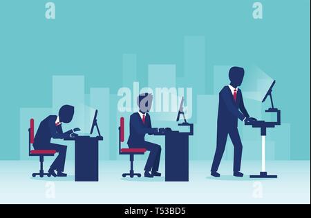 Vector of business men working on computers in the office in different sitting positions one of them using a standing desk Stock Vector