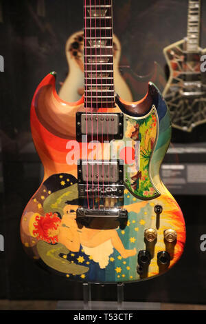 April 20, 2019 - New York City, New York, U.S. - 'THE FOOL'  Gibson SG  Electric Guitar  with artwork by Marijke Koger and Simon Posthuma used Eric Clapton by CREAM, on display at the 'Play It Loud: Instruments of Rock and Roll' exhibit held at the Metropolitan Museum of Art. (Credit Image: © Nancy Kaszerman/ZUMA Wire) Stock Photo