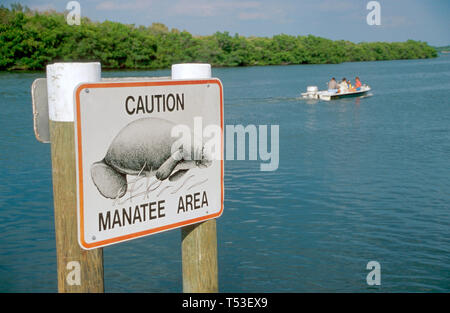 Florida Gulf Coast Charlotte County Don Pedro & Knight Islands Palm Island Resort,lodging,vacation,Caution Manatee Area sign,information,advertise,mar Stock Photo